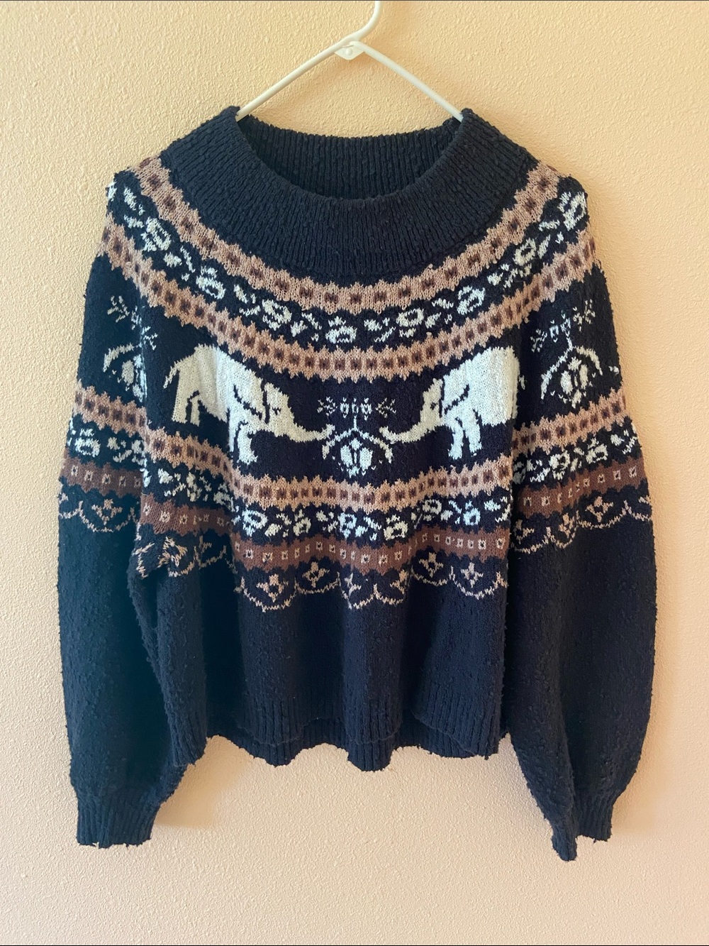 Women’s Free People Nellie Elephant Fair Isle Sweater in Black, Size Small - Picture 1 of 9